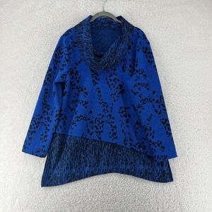 Ali Miles Tunic Top Womens Sz L Blue Black Abstract Drape Neck Stretch